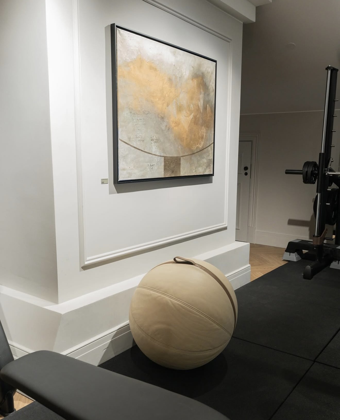 A framed painting on a panelled wall in the hotel gym, a leather exercise ball on the floor below it.
